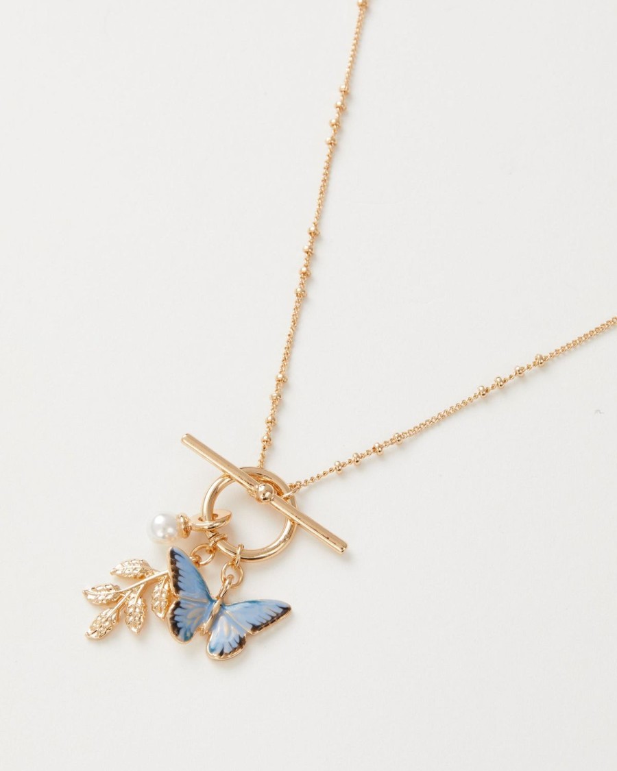 Jewellery Fable England | Enamel Blue Butterfly & Leaf Charm Necklace