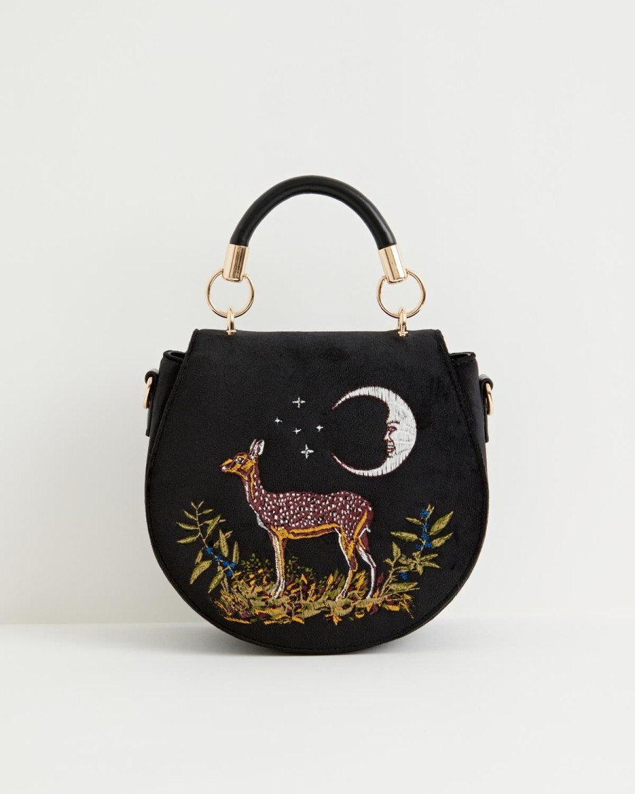 Handbags Fable England | Deer & Moon Embroidered Saddle Bag Black Velvet