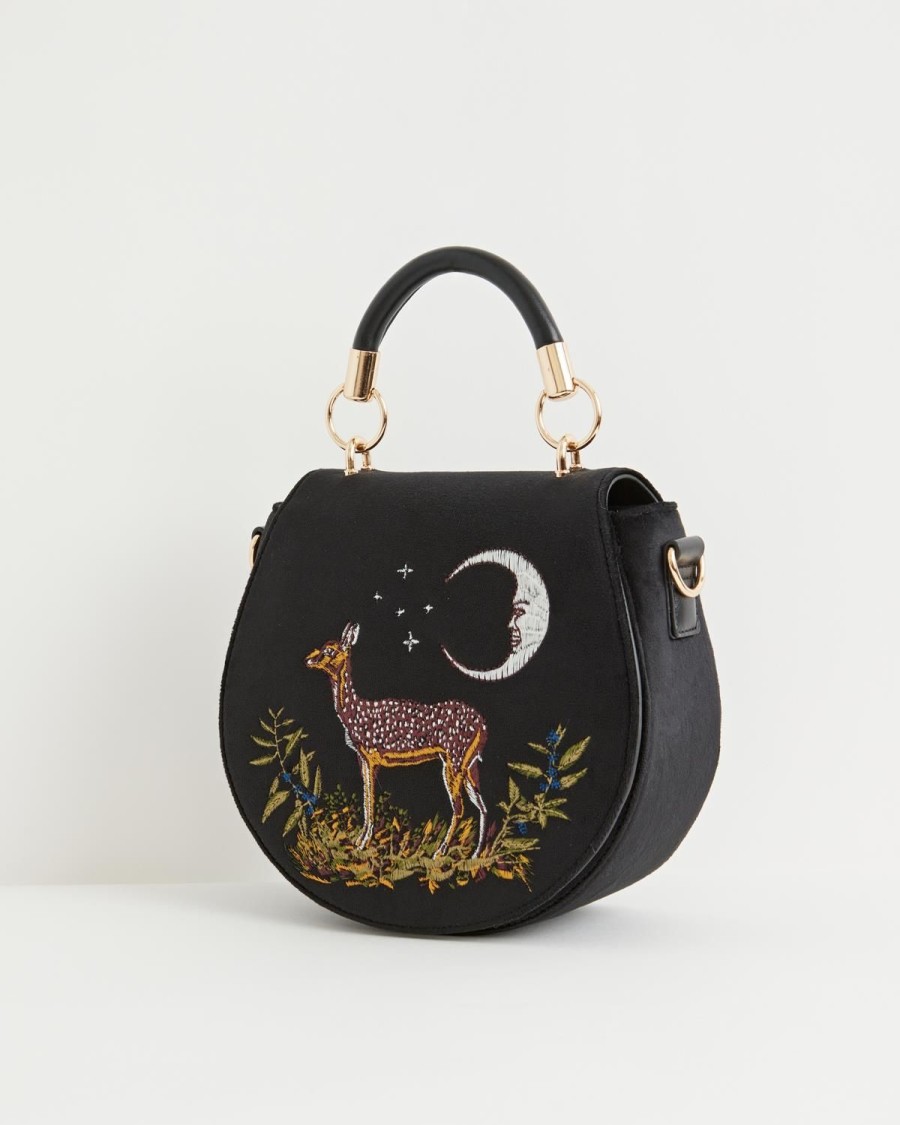 Handbags Fable England | Deer & Moon Embroidered Saddle Bag Black Velvet