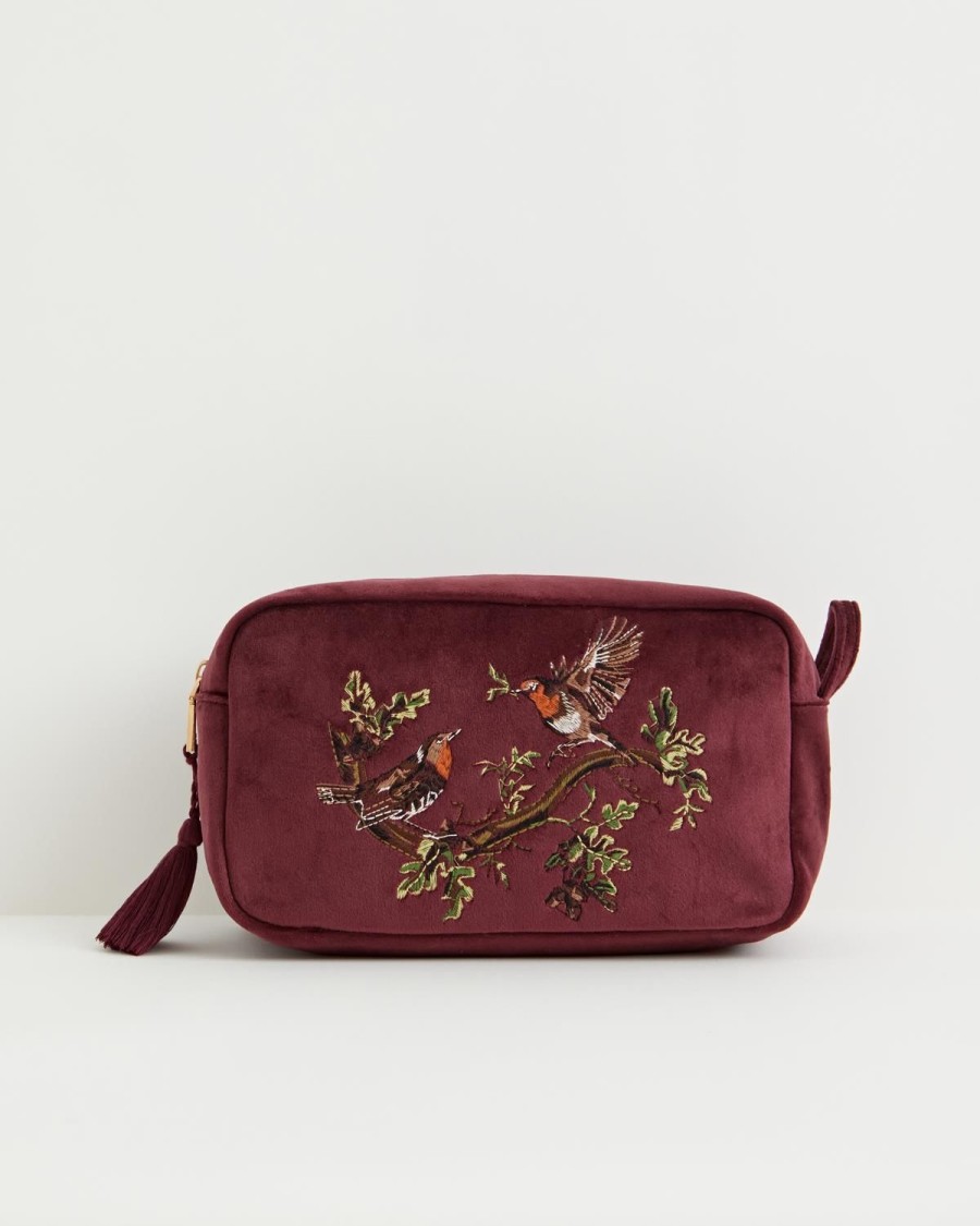 Cosmetic Bags Fable England | Robin Love Embroidered Pouch Redcurrant Velvet