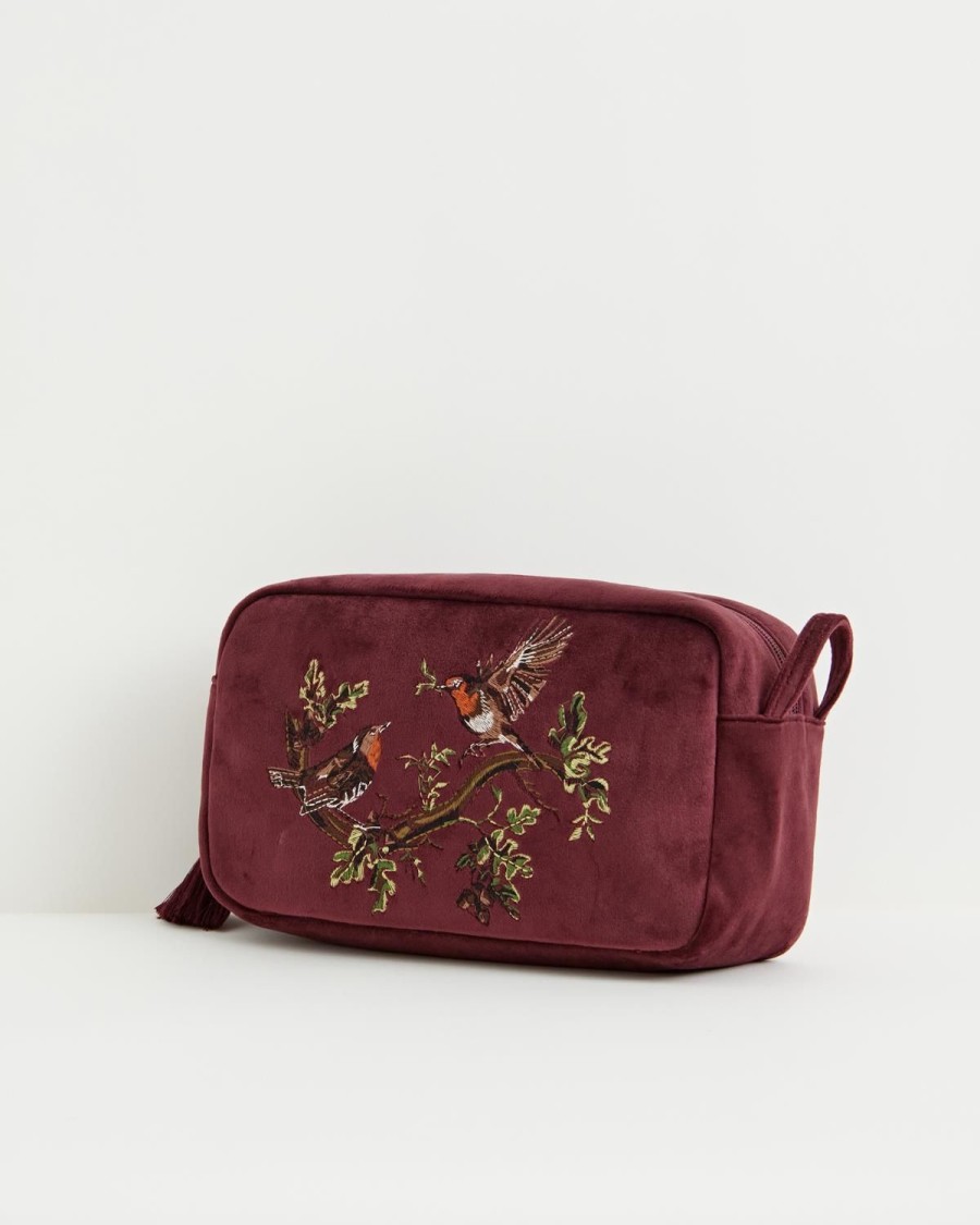 Cosmetic Bags Fable England | Robin Love Embroidered Pouch Redcurrant Velvet