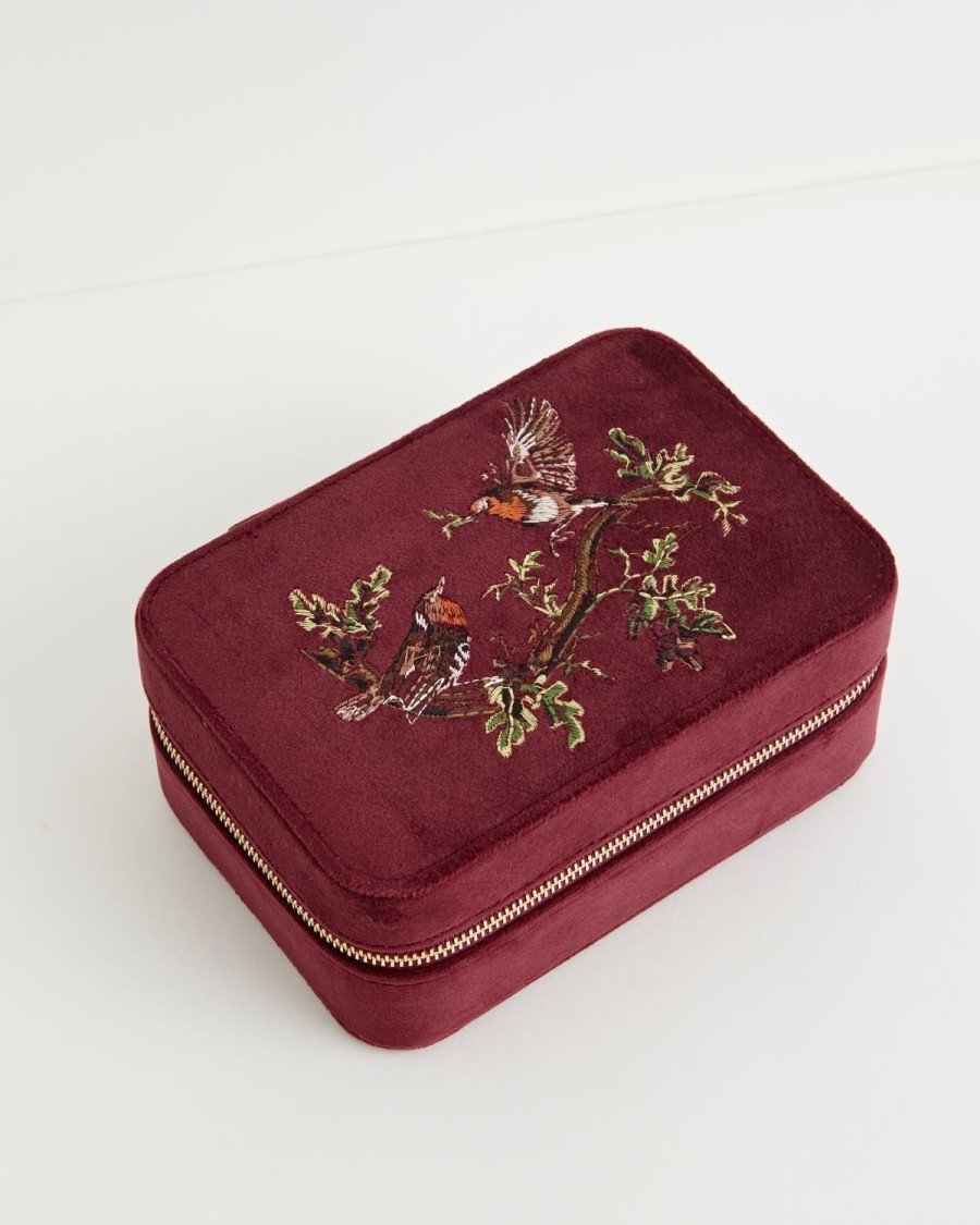 Jewellery Fable England | Robin Love Embroidered Large Jewellery Box Redcurrant Velvet