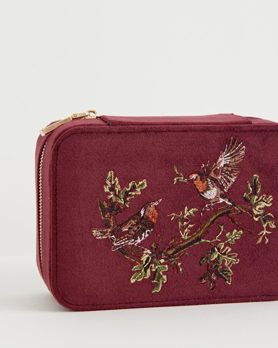 Jewellery Fable England | Robin Love Embroidered Large Jewellery Box Redcurrant Velvet