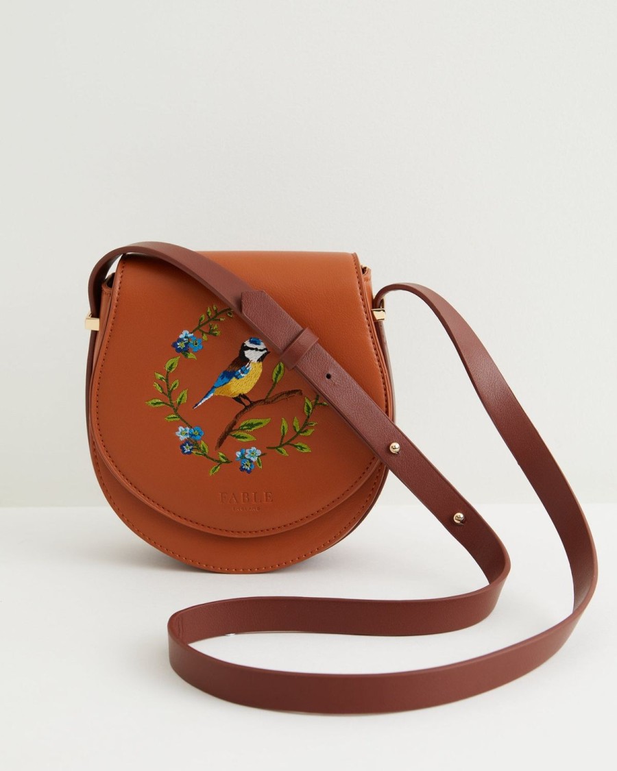 Handbags Fable England | Blue Tit Embroidered Mini Saddle Bag