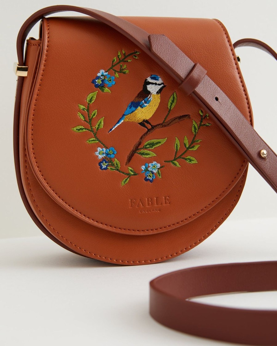 Handbags Fable England | Blue Tit Embroidered Mini Saddle Bag