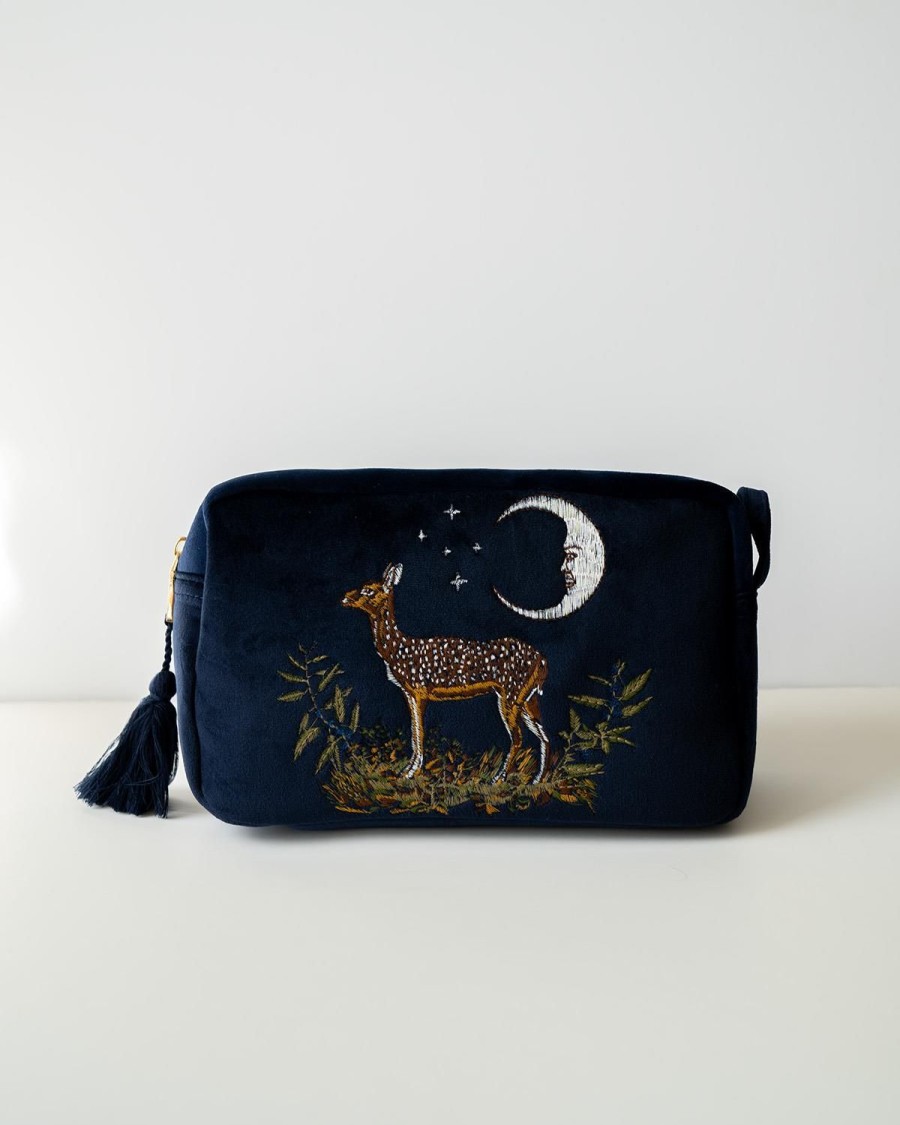 Cosmetic Bags Fable England | Deer & Moon Embroidered Pouch Blueberry Velvet