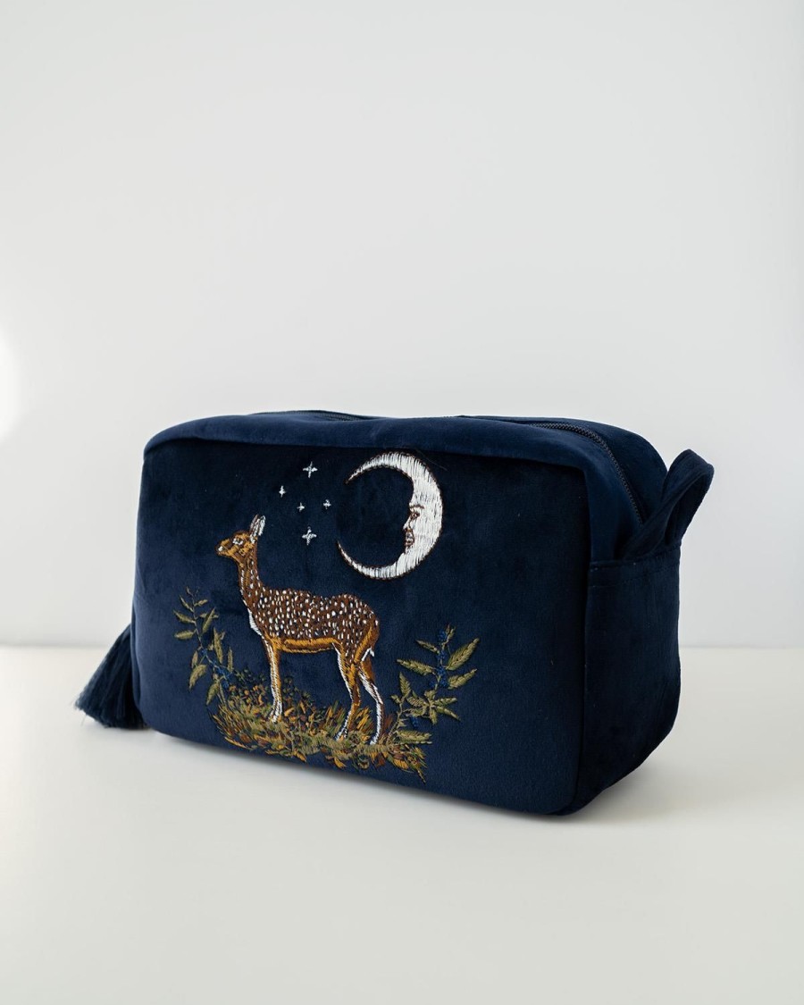 Cosmetic Bags Fable England | Deer & Moon Embroidered Pouch Blueberry Velvet