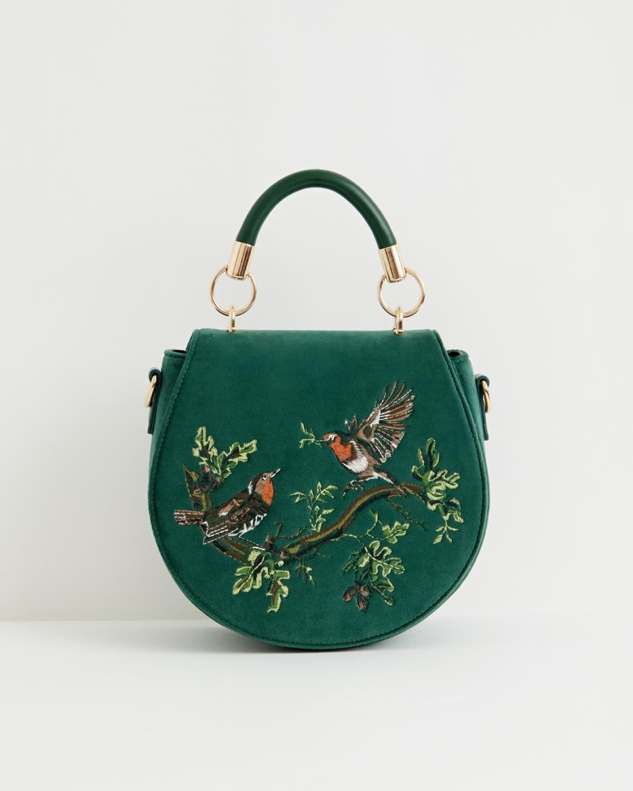 Handbags Fable England | Robin Love Embroidered Saddle Bag Fern Green Velvet