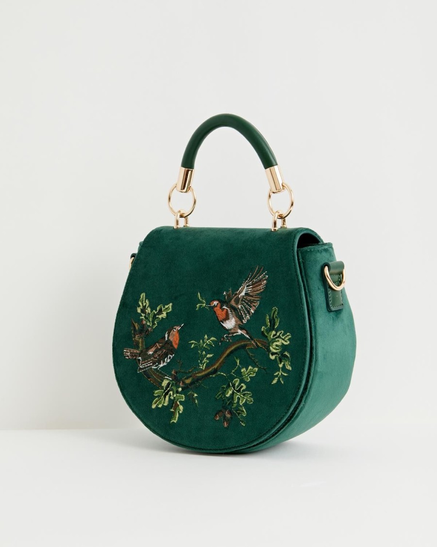 Handbags Fable England | Robin Love Embroidered Saddle Bag Fern Green Velvet